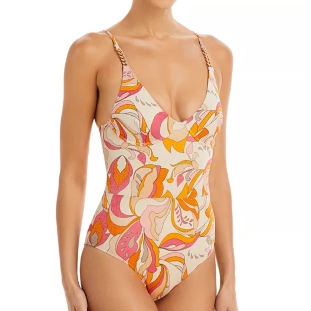 REVEL RAY Pink and Orange Retro One Piece Swimsuit with Adjustable Straps